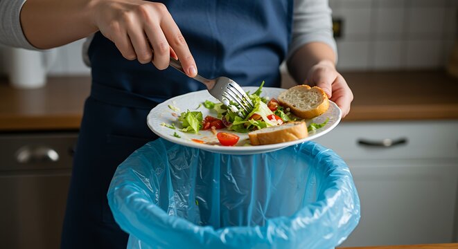 Discarding leftover salad and bread into a blue trash bag in the kitchen.