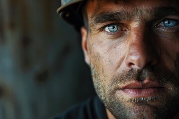 Fototapeta premium Close up portrait of a coal miner wearing a helmet, his face covered in dust, conveying a serious expression