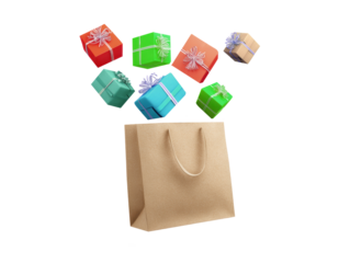 Colorful gift boxes emerging from shopping bag isolated on transparent background