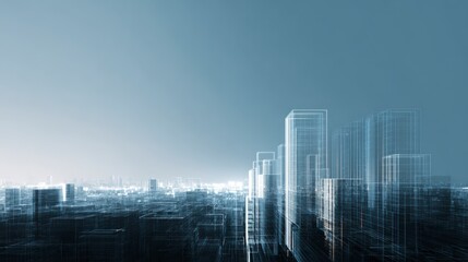 Cityscape Blueprint: A futuristic cityscape, rendered in a cool, ethereal blue, depicts the intricate architecture and towering skyscrapers of a modern metropolis, evoking innovation and progress.