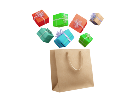 Colorful gift boxes emerging from shopping bag isolated on transparent background
