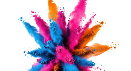 Dynamic explosion of ultra-fine, hyper-saturated cerise pink, cerulean blue, and cadmium orange powder, frozen in motion against a white backdrop. Concept for cosmetic or abstract advertising