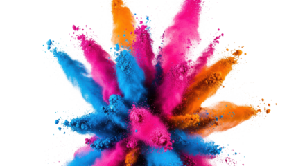 Dynamic explosion of ultra-fine, hyper-saturated cerise pink, cerulean blue, and cadmium orange powder, frozen in motion against a white backdrop. Concept for cosmetic or abstract advertising