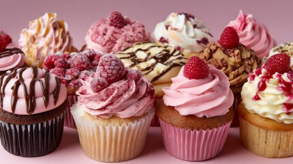 A delightful assortment of cupcakes showcases fluffy frosting and fresh raspberries. Each treat is uniquely decorated, inviting dessert lovers to indulge in this colorful display