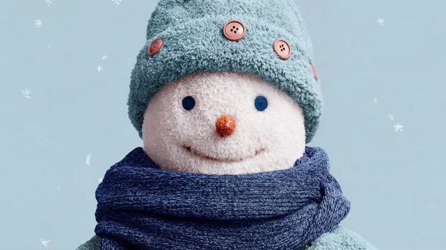 Adorable snowman wearing matching winter hat and scarf appears in minimalist snowy scene symbolizing childhood joy simple holiday decoration and peaceful seasonal atmosphere