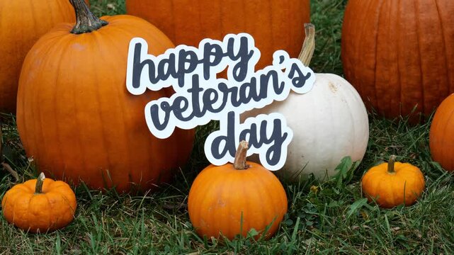 Person sets the wording Happy Veteran&rsquo;s Day on a Pile of Pumpkins at a Pumpkin Patch 4K Video Stock Footage