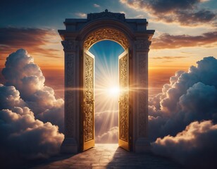 Surreal Golden Doorway Leading to a Heavenly Sky Above the Clouds