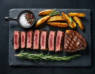 Top Down View of Grilled Beef Steak Slices with Potatoes Food