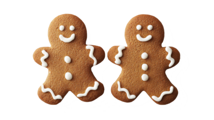 Smiling gingerbread men with icing accents isolated on transparent background