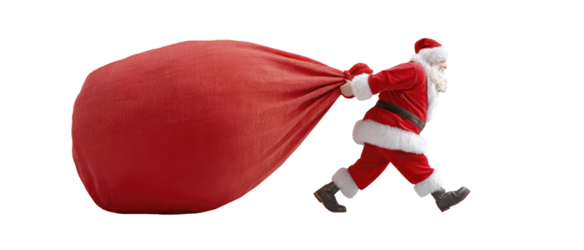 Santa Clause delivering gifts in red suit with large sack isolated on transparent background - Powered by Adobe