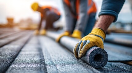 Workers installing roofing material, seen close up on roof with blurred background.  Workers wear safety gloves, focusing on applying roofing roll. High quality