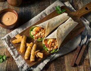 Overhead Shot of Delicious Chicken Wrap Burrito with Fried Spring Rolls on Wood