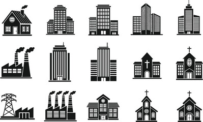 Naklejka premium Building icon vector set, black-and-white architecture symbols, school, church, factory, office, power station, urban planning illustration