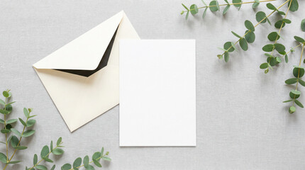 Blank greeting card and envelope on soft gray surface surrounded by fresh greenery, ideal for personalized messages and creative designs