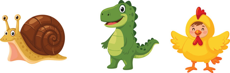 Obraz premium Cartoon animal character icon vector illustration, snail, dinosaur, child in chicken costume, playful design, children’s educational and entertainment graphic