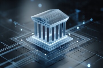 Showcasing digital transformation in financial services with a futuristic representation of a bank building integrated with technology