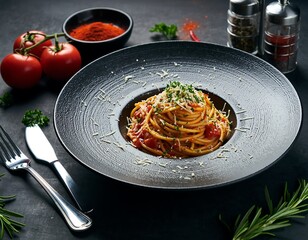 Appetizing Gourmet Spaghetti Dish with Tomato Sauce on Dark Table