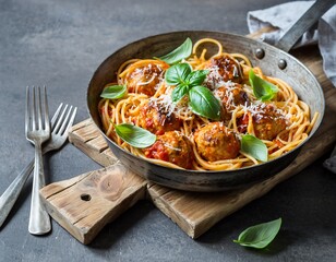 Appetizing Spaghetti with Meatballs and Tomato Sauce in Rustic Pan Still Life