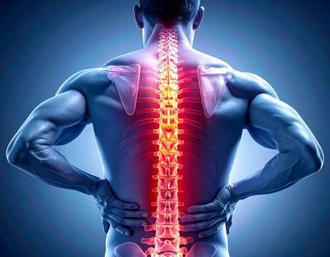 Illustration of a human back highlighting spine pain - Powered by Adobe