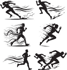 Dynamic Running Silhouettes Vector Set with Motion Blur Fast Athletes Sprinting for Sports, Marathon, and Fitness Design