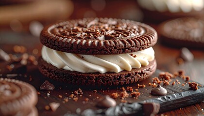 A close-up, dramatically lit shot of a decadent chocolate sandwich cookie with creamy white filling.