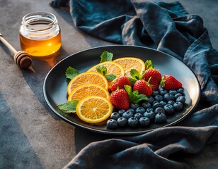 Delicious Fresh Fruit Arrangement with Honey, Orange, Strawberry, and Blueberry