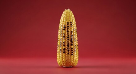 A single ear of yellow corn with black kernels forming a pattern, standing upright against a vibrant red background.