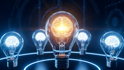 Glowing lightbulbs containing illuminated human brains symbolizing innovation and bright ideas
