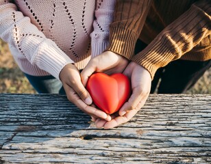 Intimate Couple Holding a Red Heart Together On Wooden Table Outdoor