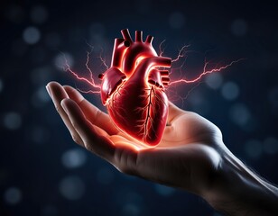 Conceptual Realistic Human Heart in Hand with Lightning Illustration