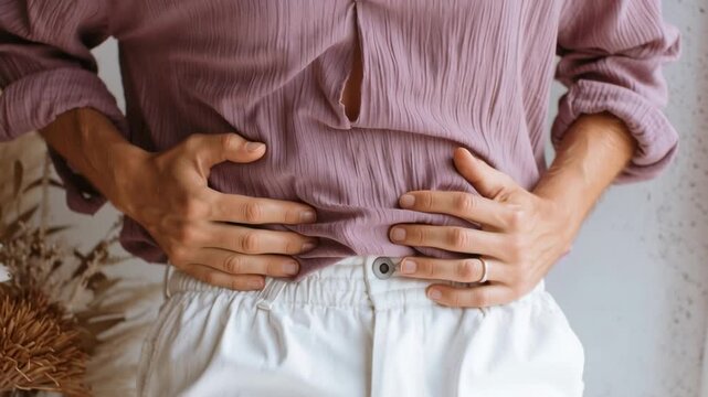 Person holding their stomach signaling discomfort or pain on a home background