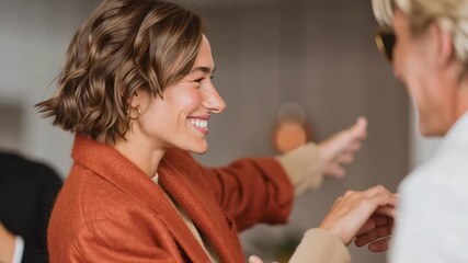 A young woman in a red blazer joyfully extends her hand greeting people with applause around.