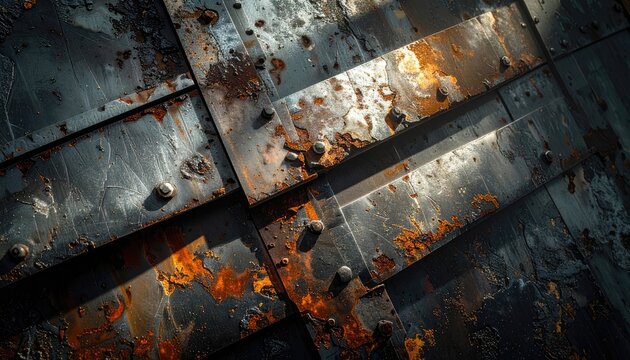 Close-up abstract texture of heavily rusted and bolted metal plates.