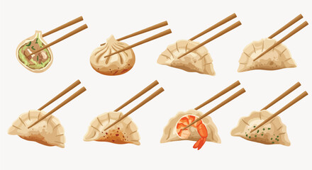 Dumplings with chopsticks, various fillings, food