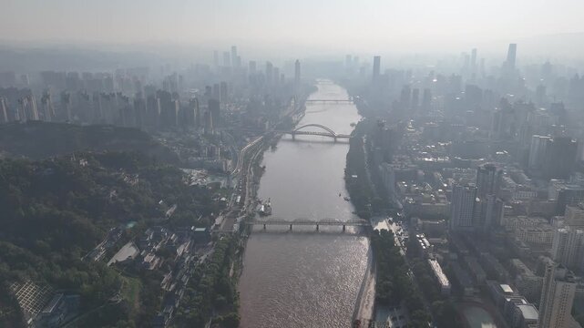 Lanzhou City Aerial View with Yellow River and Bridges, Gansu China