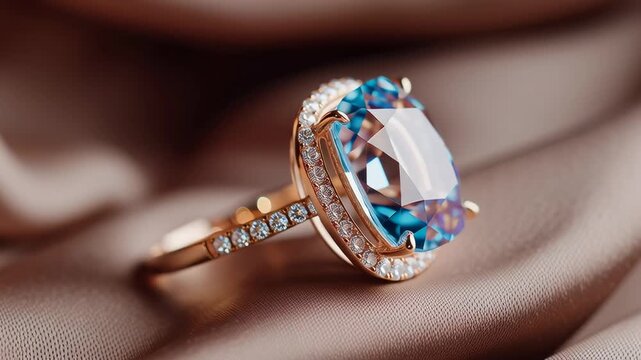 Close up of a ring with a large colored center stone shot at an angle showing side inlay on the band.