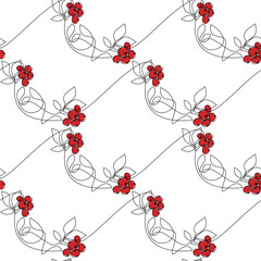 Red berries seamless pattern vector. Christmas branch one line continuous drawing. Festive ornaments illustration, print, banner, floral wallpaper, poster, holiday decor background. 