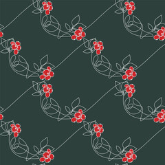 Hand drawn Christmas seamless pattern vector. Red berries branch one line continuous drawing. Festive ornaments illustration, print, banner, floral wallpaper, poster, holiday decor background. 