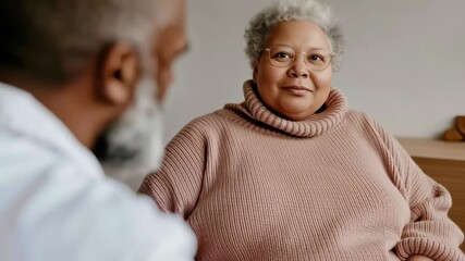 An elderly overweight woman talks with a doctor in a home setting the scene reflects a medical consultation about weight and health.