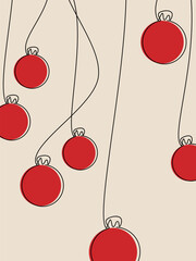 Hand drawn Christmas poster. Holiday ornaments vector. One line continuous drawing. Winter postcard, greeting card, festive wall art print. Red baubles beige background. 