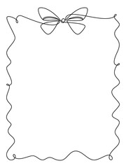 Ribbon bow frame. Holiday ornaments vector. One line continuous drawing. Border, postcard, greeting card, festive wall art print, brochure, hand drawn silhouette