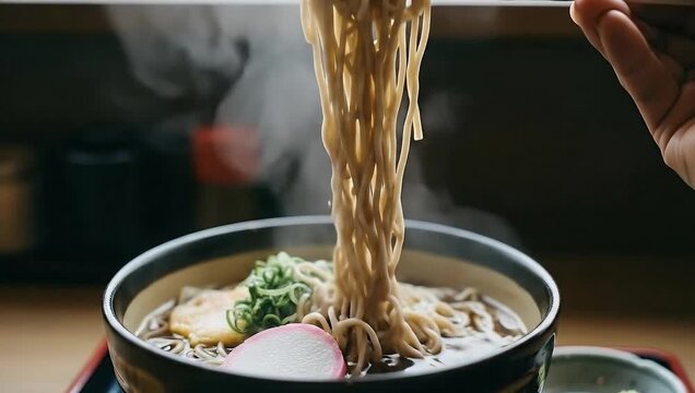 Hand lifting steaming ramen noodles from hot soup bowl.
