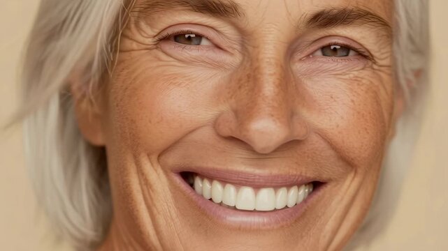Close up portrait of a smiling elderly woman with silver hair and soft natural lighting emphasizing skin texture and joyful expression.