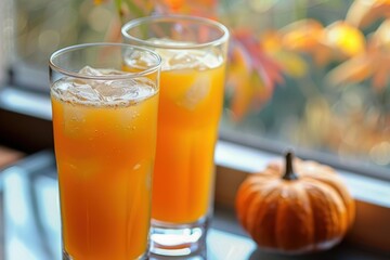 Two glasses of pumpkin juice with ice cubes near the window during fall season