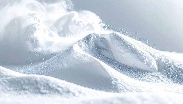 Bright, windswept white snow drifts against a pale sky.