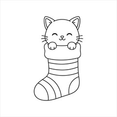 A Cute Christmas Cartoon Cat Character Outline Inside Holiday Sock Doodle for Coloring Page
