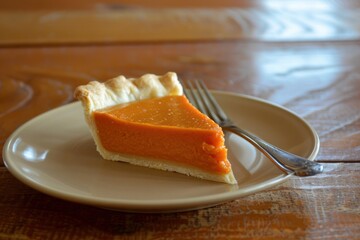 Delicious slice of homemade sweet potato pie resting on a plate with a fork on a rustic wooden table