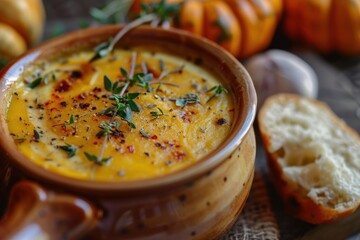 Delicious and creamy pumpkin soup seasoned with spices and fresh thyme, served in a rustic bowl, perfect for a cozy autumn meal