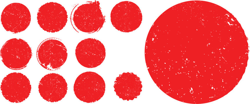 Circle Red Stamp texture grunge set . Rolled ink texture. Organic overlay badges. Vector grainy letterpress texture .Screen print texture.