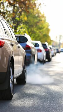 Cars idling on a road emit smoke, pollution from automobiles, exhaust fumes contribute to environmental concerns